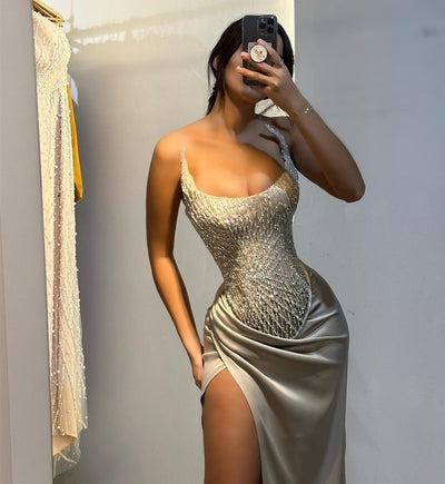 Strapless Mermaid High Split Champagne Prom Dresses Long Featuring Sequins and Beads