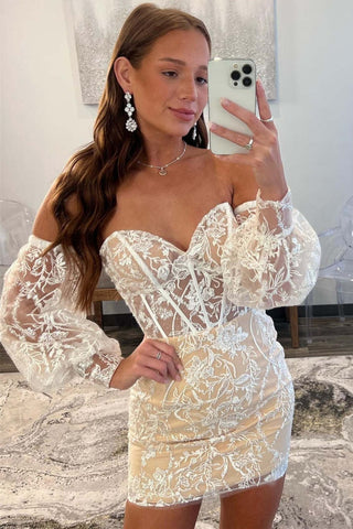 Ivory Lace Corset Puff Sleeves Mermaid Short Sweetheart Homecoming Dress