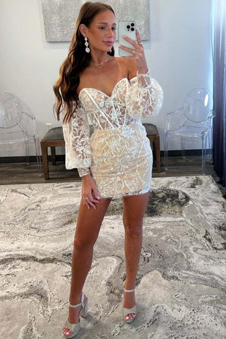 Ivory Lace Corset Puff Sleeves Mermaid Short Sweetheart Homecoming Dress