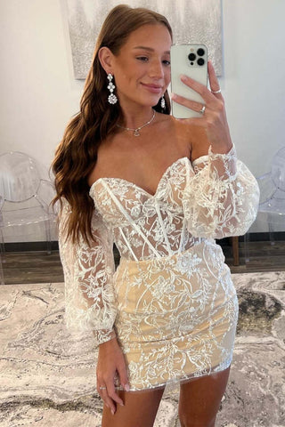 Ivory Lace Corset Puff Sleeves Mermaid Short Sweetheart Homecoming Dress