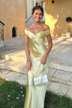 Mermaid Off the Shoulder Yellow Satin Long Prom Dresses