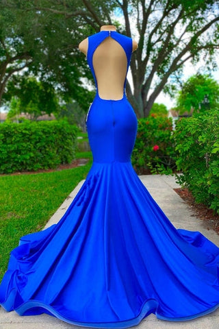 V-neck Mermaid Appliques Sequined Open Back Lace One Shoulder Floor-length Sleeveless Prom Dresses