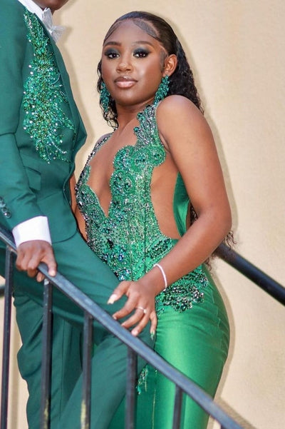 Robes de bal sirène col en V sans manches, perles, traîne, vert émeraude