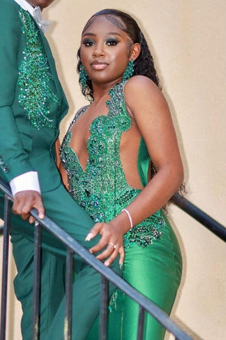 V-Neck Mermaid Sleeveless Beading Sweep Train Emerald Green Prom Dresses