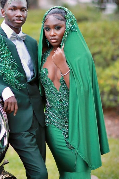 Robes de bal sirène col en V sans manches, perles, traîne, vert émeraude