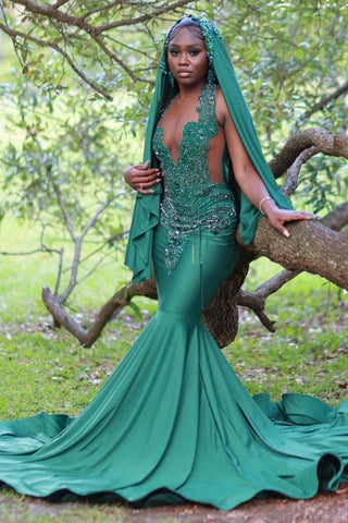 V-Neck Mermaid Sleeveless Beading Sweep Train Emerald Green Prom Dresses