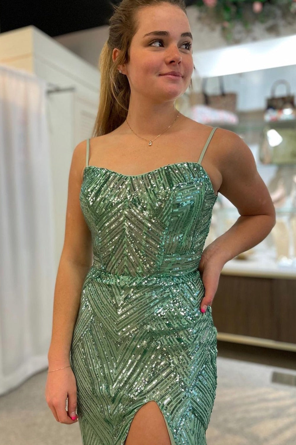 Sparkly Sage Green Sequins Mermaid Mermaid Prom Dresses Pic Color / US8 Sparkly Sage Green Sequins Mermaid Mermaid Prom Dresses Pic Color / US8