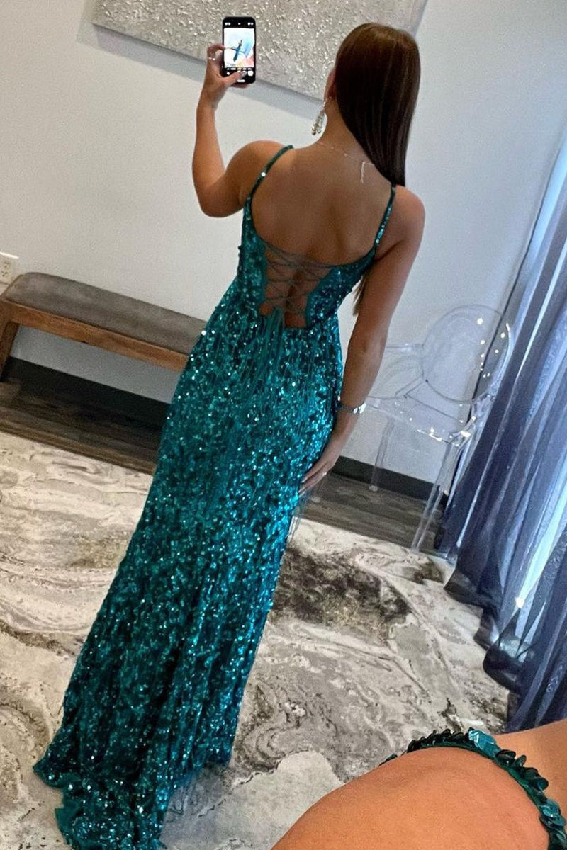 Sparkly Sheath Peacock Sequins V Neck Long Prom Dresses luladress Sparkly Sheath Peacock Sequins V Neck Long Prom Dresses luladress