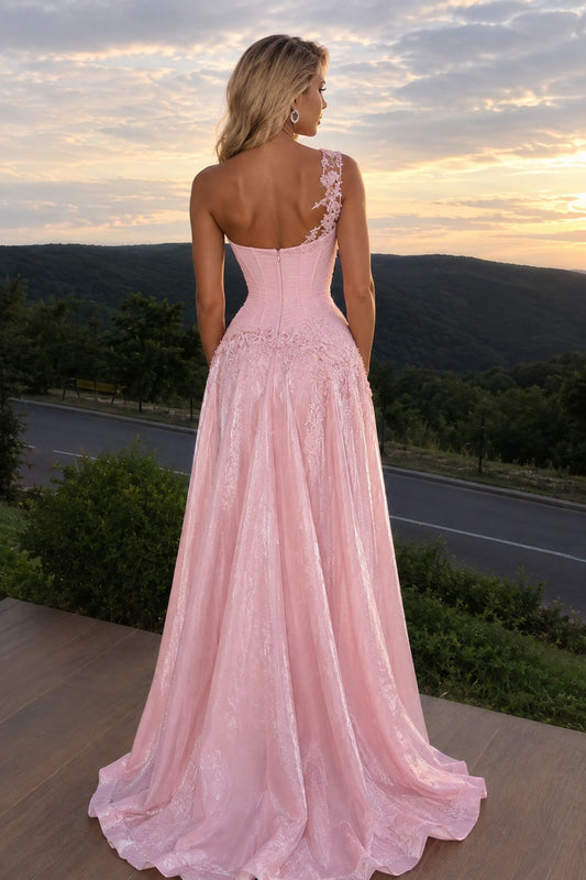 Pink One Shoulder A-Line Pleated Empire-Waist Pleated Long Prom Dresses