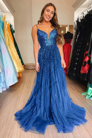 Shiny Blue Tulle Formal Prom Dresses With Sequins,BD93360