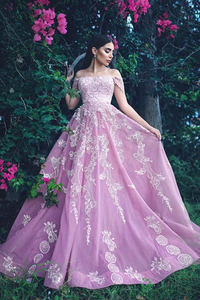 Off The Shoulder Tulle Prom Dresses Ball Gown With Lace Appliques,BD93353