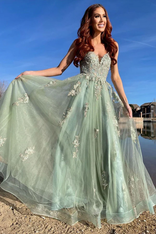 A Line Mint Green Tulle Prom Dresses With Appliques,BD93355