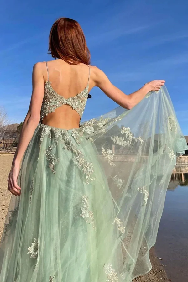 A Line Mint Green Tulle Prom Dresses With Appliques Pic Color / US0 A Line Mint Green Tulle Prom Dresses With Appliques Pic Color / US0