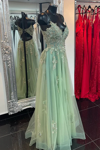 A Line Mint Green Tulle Prom Dresses With Appliques,BD93355
