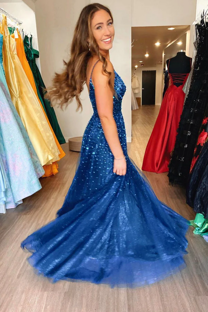 Shiny Blue Tulle Formal Prom Dresses With Sequins