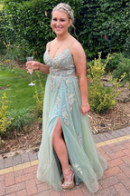 A Line Mint Green Tulle Prom Dresses With Appliques