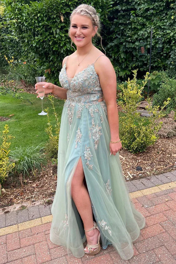 A Line Mint Green Tulle Prom Dresses with Appliques Pic Color / US0 A Line Mint Green Tulle Prom Dresses with Appliques Pic Color / US0