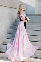 Mermaid Strapless Black Satin Long Prom Dresses with Pink Bows