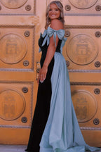 Mermaid Strapless Black Satin Long Prom Dresses with Pink Bows