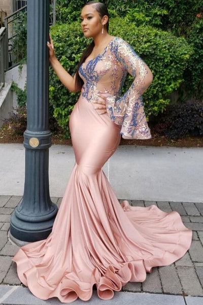 One Shoulder Nude Pink Beautiful Sequins Mermaid Prom Dresses,PD21017