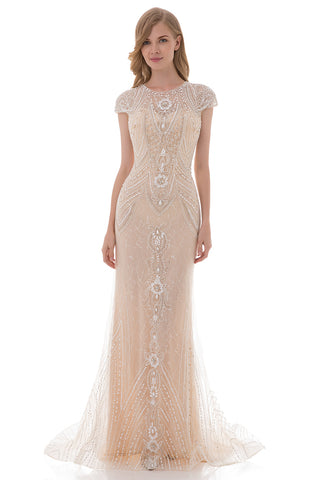 Formal Champagne Lace With Beaded Cap Sleeves Long Evening Dress, LX477