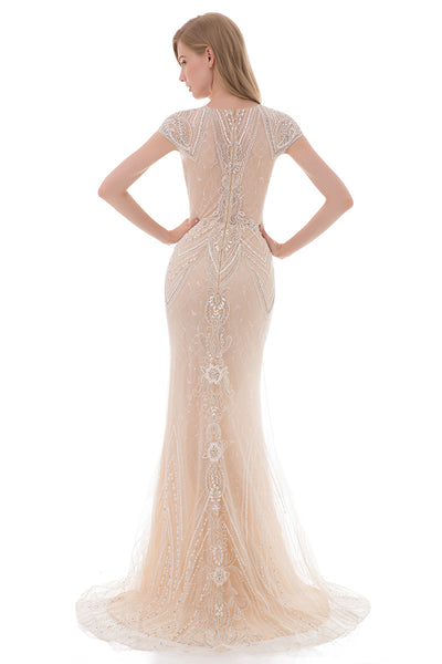Formal Champagne Lace With Beaded Cap Sleeves Long Evening Dress, LX477