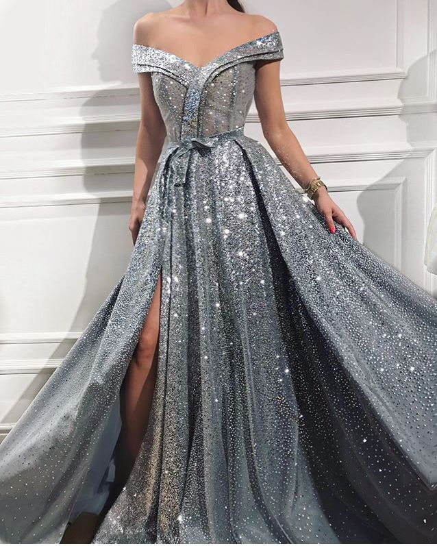 Glittery Off The Shoulder Sequins Front-Split Ruffles Prom Dresses,PD21068