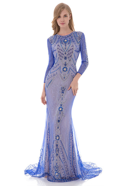Modest Long Sleeves Royal Blue Lace Long Evening Dress, LX485
