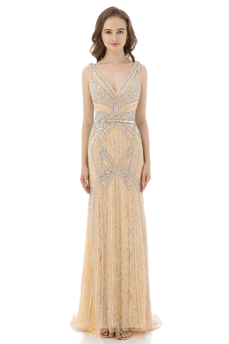 V-neck Gold Luxury Long Evening Dress Formal Prom Dress, LX421