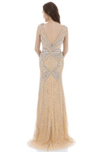 V-neck Gold Luxury Long Evening Dress Formal Prom Dress