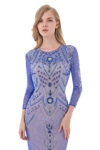 Modest Long Sleeves Royal Blue Lace Long Evening Dress, LX485