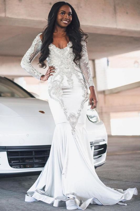 Party White Jewel Appliques Prom Dresses With Long Sleeves – luladress