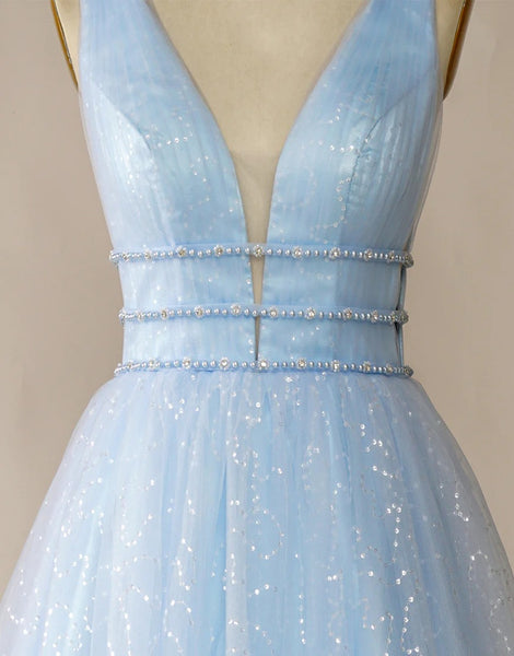 Light Blue Tulle V Neck Long Prom Dresses,BD930654