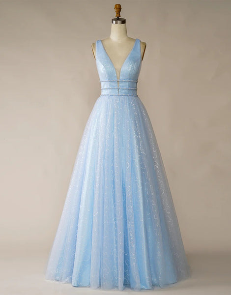 Light Blue Tulle V Neck Long Prom Dresses,BD930654
