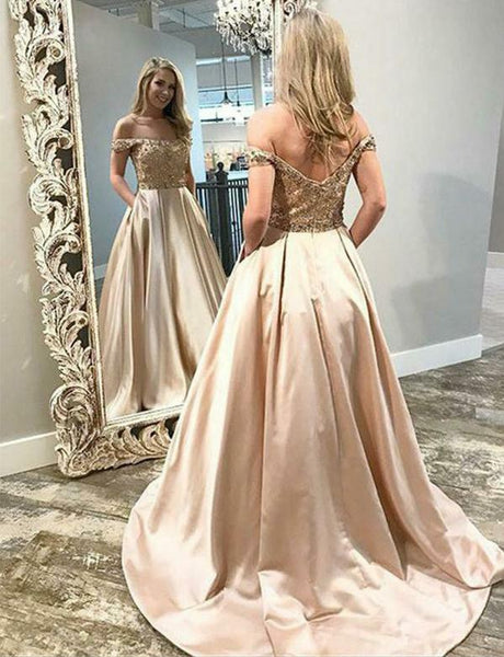 off the shoulder long prom dress, A-line beaded  prom dress,BD98055