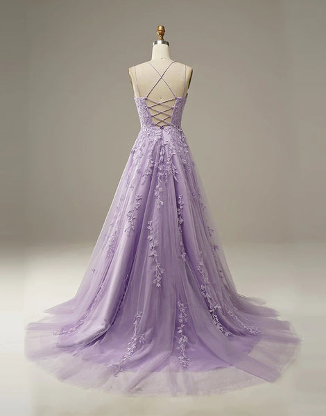 A-Line Long Lilac Prom Dresses with Appliques,BD930624