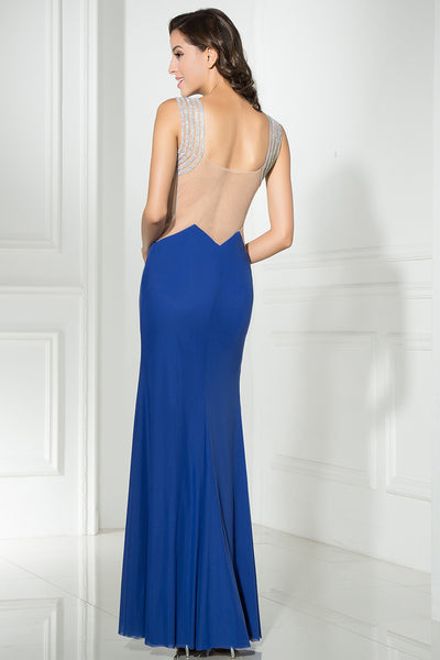 Open Back Royal Blue Long Evening Dress With Side Slit, BS33