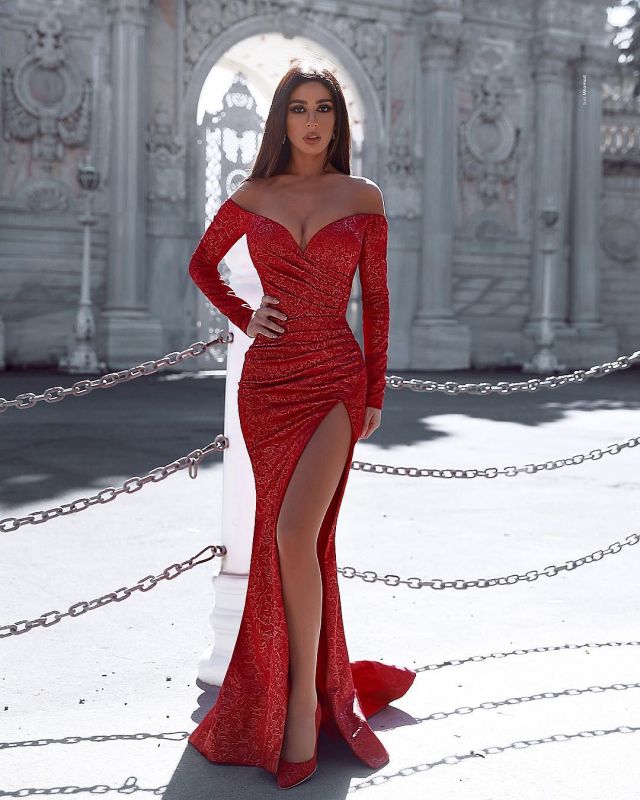 Sexy Off The Shoulder Ruby Satin Front-Split Prom Dresses With Long Sleeves Custom Color / US16 Sexy Off The Shoulder Ruby Satin Front-Split Prom Dresses With Long Sleeves Custom Color / US16