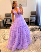 Lilac Tulle Long Tiered Prom Dresses