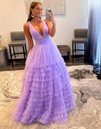 Lilac Tulle Long Tiered Prom Dresses