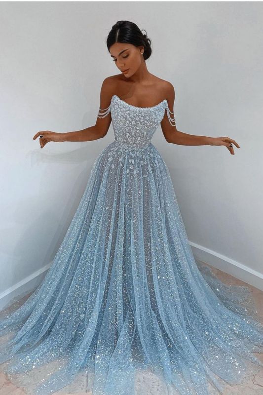 Elegant Sleeveless Blue Lace Prom Dress Long,PD21011