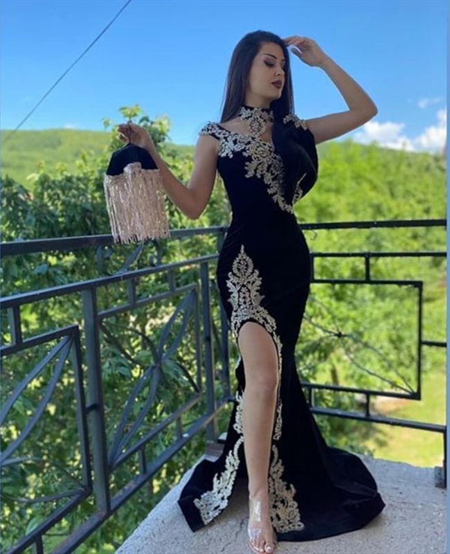 green emerald velvet dress Sexy Split Black Lace Prom Evening Dress Velvet – luladress