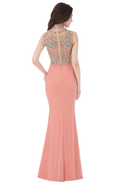 High Neck Beaded Peach Pink Mermaid Formal Long Prom Dress, BS27