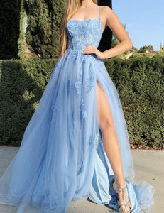 Blue Sexy Spaghetti Straps Lace Prom Dress Split,BD93033