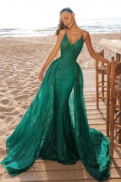 Elegant Sleeveless Satin Jade Green Mermaid Prom Dresses With Beading Appliques,PD21051