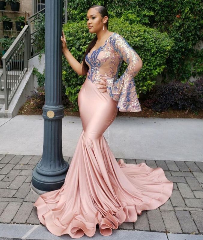 One Shoulder Nude Pink Beautiful Sequins Mermaid Prom Dresses,PD21017