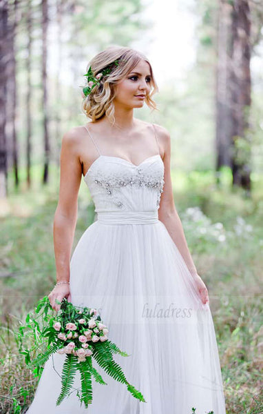 Cheap Simple A-Line Spaghetti Straps Tulle Wedding Dress with Beadings,BD99859