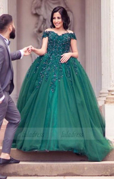 Elegant Green Lace Appliques Beaded Off The Shoulder Tulle Wedding Dresses Ball Gowns For Engagement Party