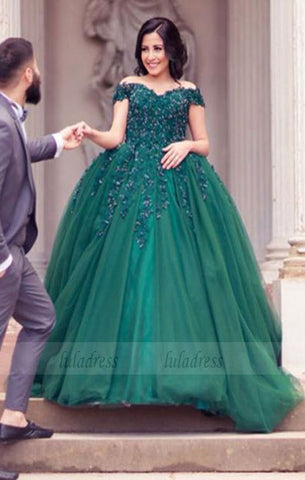 Elegant Green Lace Appliques Beaded Off The Shoulder Tulle Wedding Dresses Ball Gowns For Engagement Party,BD98172