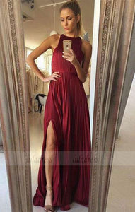 a line burgundy long prom dresses, simple high slit party dresses, round neck formal dresses with pleats,BD98720